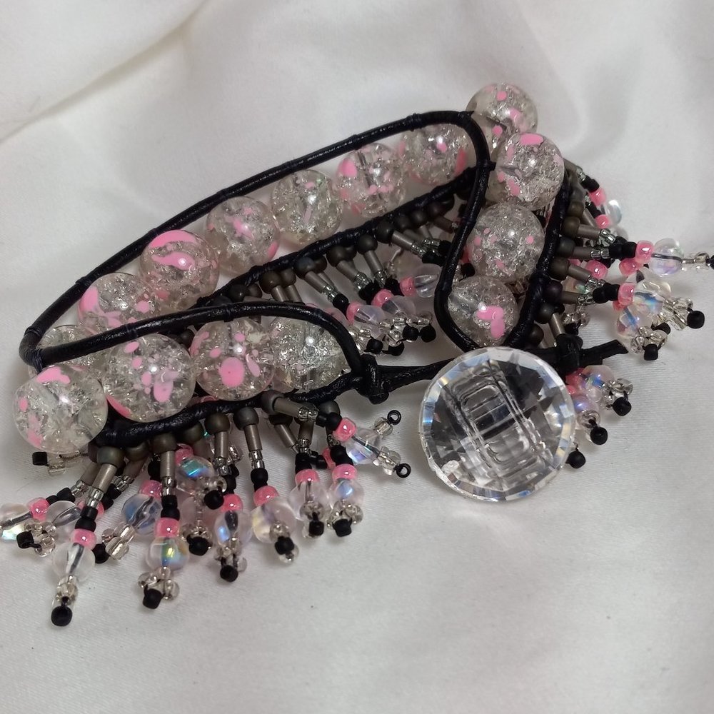 Woven Bracelet w/Pink Crackle Glass Beads, Vintage Luminous Beads on Fringe